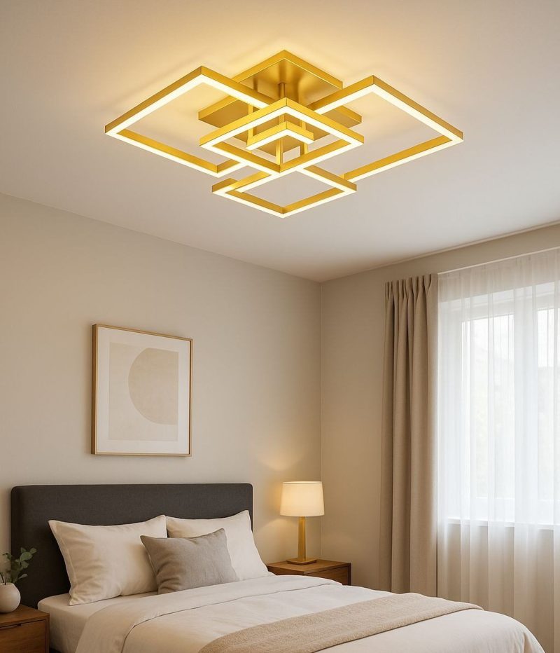 Lustră LED Dreptunghiulară cu Telecomandă, 2×99W, Lumină Reglabilă 3000K–6500K Elit's, 700×470×200 mm, Auriu