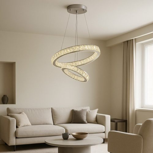 Pendul LED cu Inele de Cristal, 100W, Ø500 + Ø300 mm, Înălțime Reglabilă 1200 mm, Lumină Reglabilă 3500K–6500K Elit's, Telecomandă 2.4G – Model 751-5+3