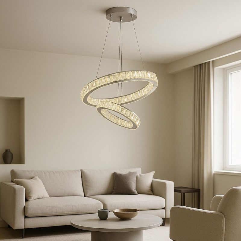 jpoikjpo Pendul LED cu Inele de Cristal, 100W, Ø500 + Ø300 mm, Înălțime Reglabilă 1200 mm, Lumină Reglabilă 3500K–6500K Elit's, Telecomandă 2.4G – Model 751-5+3