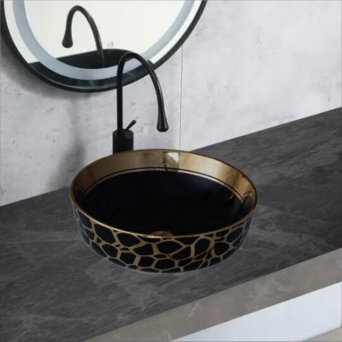 Lavoar Ceramic Premium Rotund Gold–Negru 41.5×41.5×13.5CM Elit's– Model G516