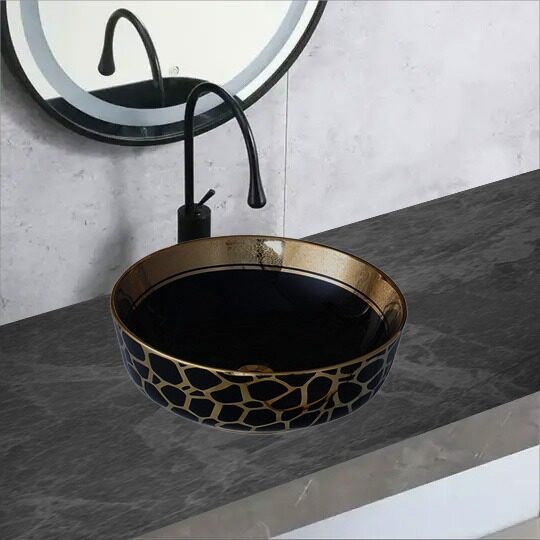 Lavoar Ceramic Premium Rotund Gold–Negru 41.5×41.5×13.5CM Elit's– Model G516