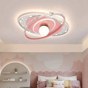 Lustră LED pentru Camera Copiilor,Elit's Design Planetă Roz cu Inele 3D, Ø550 mm, 3 Culori de Lumină