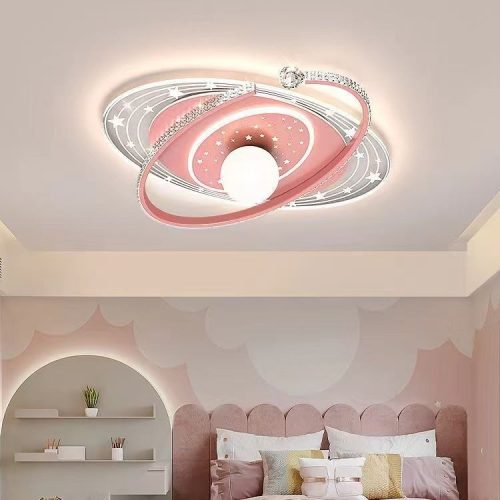 Lustră LED pentru Camera Copiilor,Elit's Design Planetă Roz cu Inele 3D, Ø550 mm, 3 Culori de Lumină