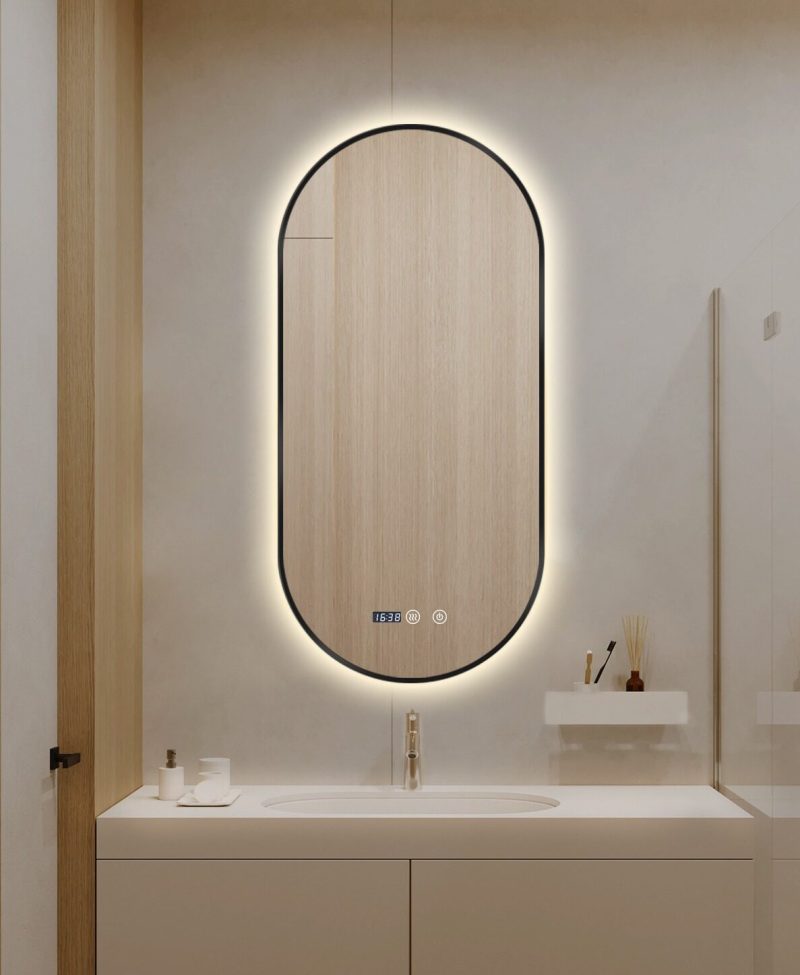 Oglindă LED Touch Premium,Elit's, Dezaburire, Rama Negra, 3 Tipuri Lumină 50/100 cm