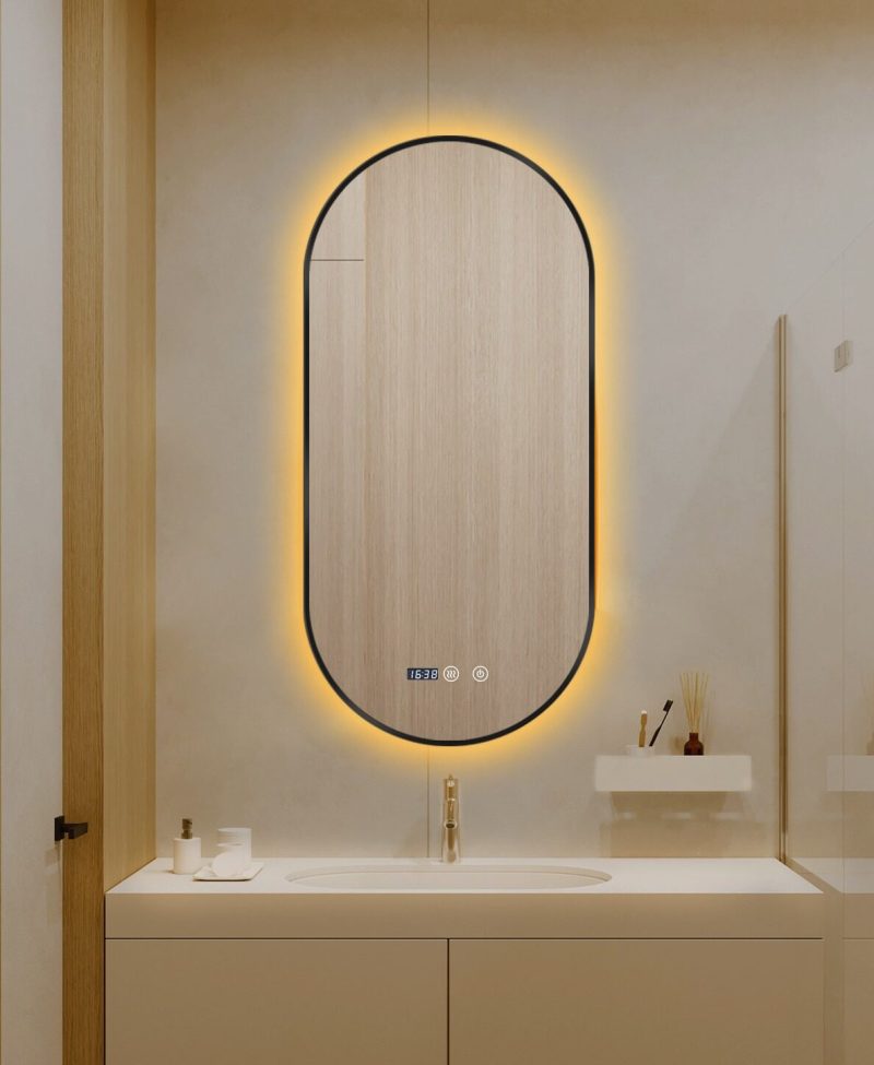 Oglindă LED Touch Premium,Elit's, Dezaburire, Rama Negra, 3 Tipuri Lumină 50/100 cm