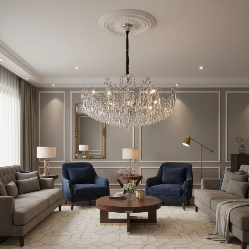 Candelabru Model 1117-850 – Textură Cristal & Metal, 8 x E14, Argintiu