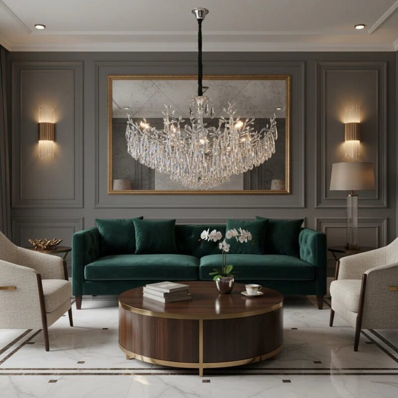 Candelabru Model 1117-850 – Textură Cristal & Metal, 8 x E14, Argintiu