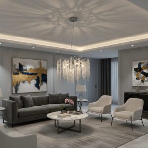 Candelabru Model 33001-460 – Textură Cristal & Metal, 6 x E14, Argintiu
