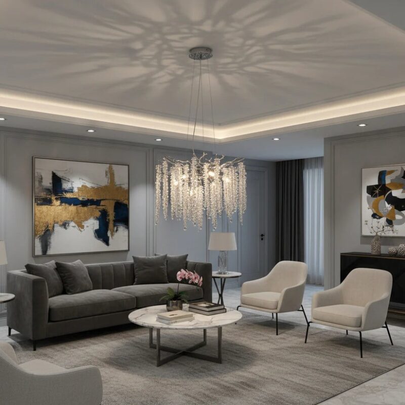 Candelabru Model 33001-460 – Textură Cristal & Metal, 6 x E14, Argintiu