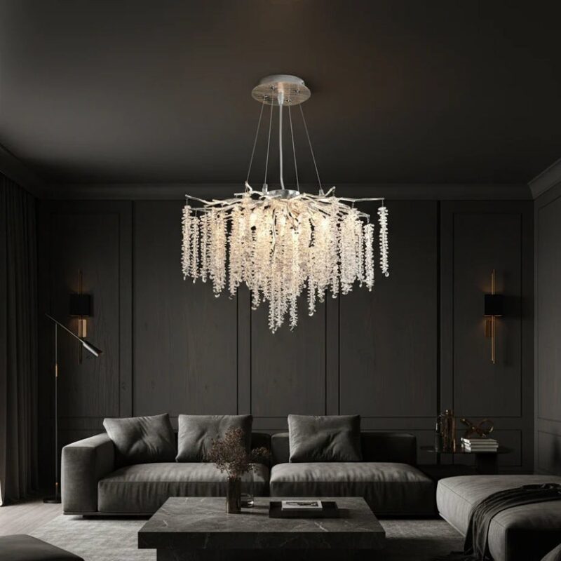 Candelabru Model 33001-600 – Textură Cristal & Metal, 8 x E14, Argintiu