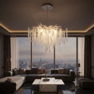 Candelabru Model 33001-600 – Textură Cristal & Metal, 8 x E14, Argintiu
