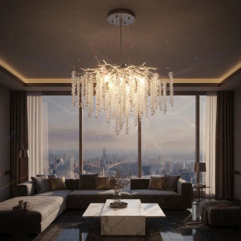 Candelabru Model 33001-600 – Textură Cristal & Metal, 8 x E14, Argintiu
