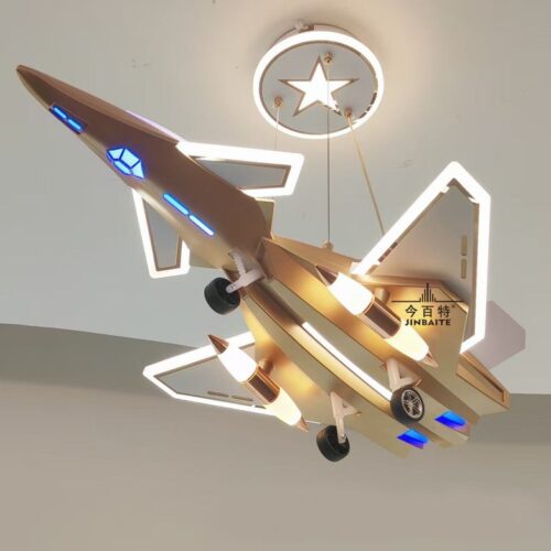 Pendul Avion Model D188 – 240W, 3 Tipuri de Lumină, Telecomandă, Înălțime Reglabilă, Galben Auriu
