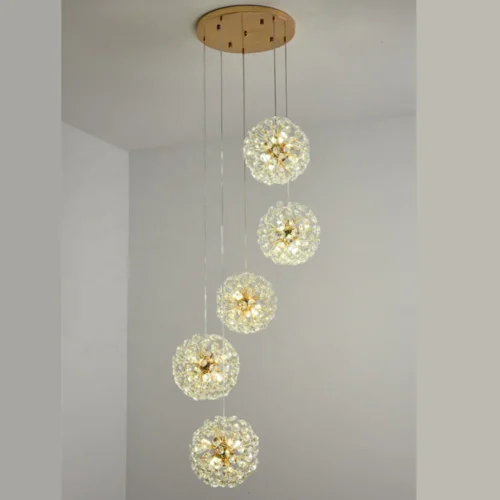 Lustră LED Tip Pendul Model 21-5 – Cristal & Metal, 30 x G9, Auriu