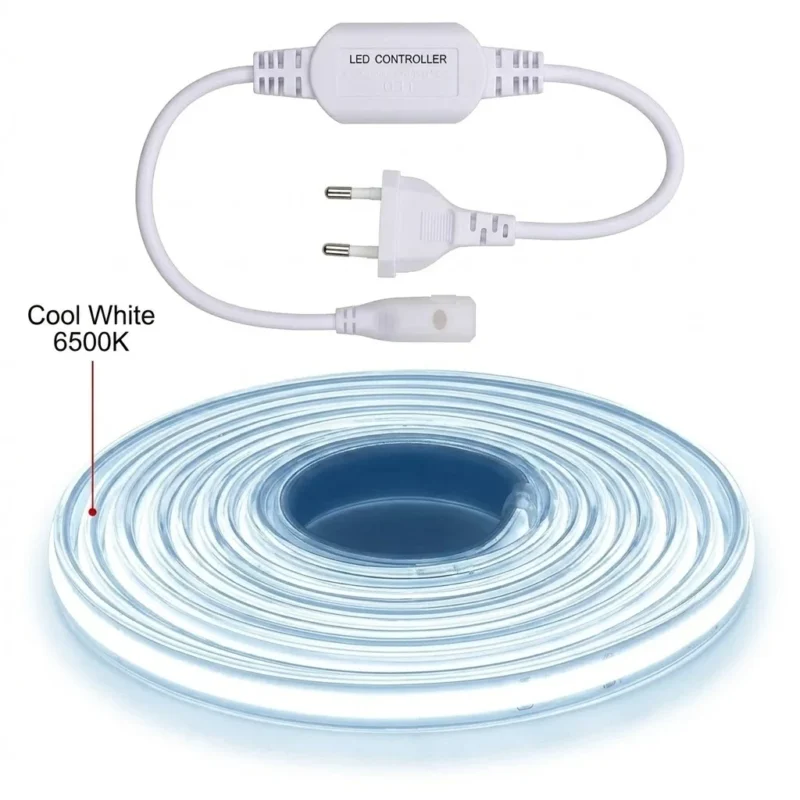 Bandă LED COB Profesională 20 m, 280 LED/m, 220V, IP65, Lumină Rece 6500K, Alimentator Inclus