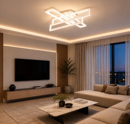 Lustră LED cu Telecomandă, 192W, Lumină Reglabilă 3000-6500K, Design Geometric, Alb, Model L77283/2+2