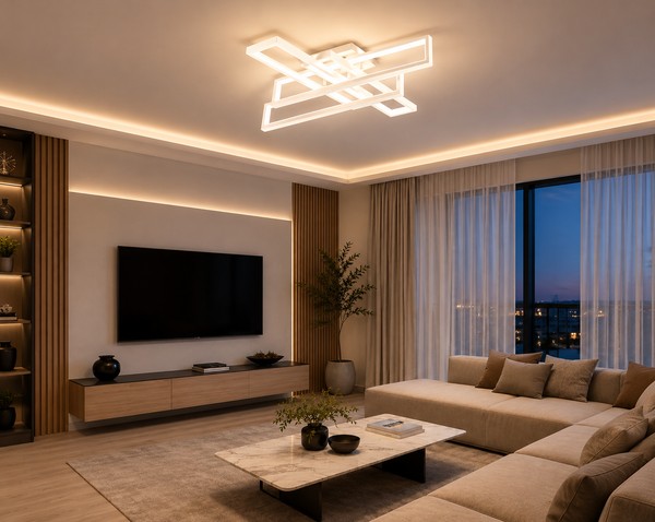Lustră LED cu Telecomandă, 192W, Lumină Reglabilă 3000-6500K, Design Geometric, Alb, Model L77283/2+2
