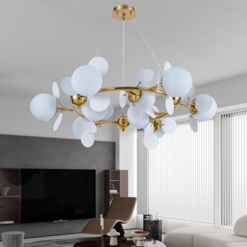 Lustră modernă cu globuri albe și structură gold 688-9
